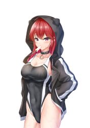 1girls black_jacket black_one-piece_swimsuit breasts competition_swimsuit cowboy_shot female female_only food hand_in_pocket highleg highleg_swimsuit highres hisame_shiki_(artist) hood hooded_jacket hoodie jacket large_breasts light-skinned_female light_skin long_hair looking_at_viewer mouth_hold nanami_mitsuboshi one-piece_swimsuit open_hoodie open_jacket popsicle purple_eyes red_hair sekirara_demo_ī_yo simple_background solo standing swimsuit two-tone_swimsuit virtual_youtuber white_background