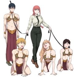 2boys 3girls all_fours big_ass big_breasts blush chainsaw_man cosplay crossover crossover_cosplay denji_(chainsaw_man) dismaiden domination embarrassed female femdom funny hayakawa_aki higashiyama_kobeni leash leash_and_collar leash_pull makima_(chainsaw_man) male_and_female_subs mappa muscular muscular_male muscular_sub power_(chainsaw_man) princess_leia_organa princess_leia_organa_(cosplay) slave_leia slave_leia_(cosplay) star_wars white_background