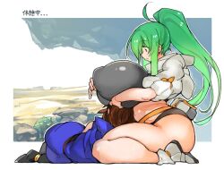 1boy 1girls big_breasts breasts green_hair huge_breasts lap_pillow laying_on_lap original resting sachito sumi-chan_(sachito) thick_thighs