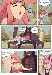 1girls 4boys anon anus ass black_hair blush bunny_boy bunny_ears bunny_girl comic cuckold dark-skinned_male dark_skin dialogue english_text fellatio female hasselnut highres kiba_(wolfgang_bang) light-skinned_male male oral outdoors penis penis_grab pink_hair public pussy red_hair sharp_teeth sitting speech_bubble sunny_(wolfgang_bang) testicles threesome tommy_(wolfgang_bang) voyeur wolf_boy wolf_ears wolfgang_bang yellow_eyes