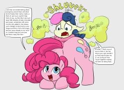 anal anal_vore anus ass big_butt blue_eyes blue_hair blue_mane bonbon_(mlp) cutie_mark dendollae dialogue dock duo earth_pony english_text equid equine fart fart_cloud fart_fetish female female/female friendship_is_magic hair hasbro hi_res horse mammal mane multicolored_hair multicolored_mane my_little_pony open_mouth open_smile pink_body pink_hair pink_mane pink_tail pinkie_pie_(mlp) pony simple_background smile tail tan_body text thick_thighs two_tone_hair two_tone_mane uvula vore wavy_mouth what