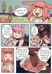 1girls 2boys :3 black_hair bouquet bunny_boy bunny_ears bunny_girl comic cuckold dark-skinned_male dark_skin dialogue english_text female flowers hasselnut hi_res kiba_(wolfgang_bang) male outdoors penis penis_awe pink_hair precum red_hair sharp_teeth smiling speech_bubble sunny_(wolfgang_bang) text tommy_(wolfgang_bang) uncensored wolf_boy wolf_ears wolfgang_bang yellow_eyes