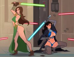 2girls female female_focus female_only fight hangar jedi laser lightsaber naboo no_panties oc science_fiction shooting star_wars tagme tdm_nsfw thick_thighs visible_pussy