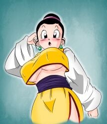 2d :o blush breasts chichi chichi_(majin_buu_saga) chinese_clothes commentary crop_top crop_top_overhang dragon_ball dragon_ball_super dragon_ball_z earrings edit female from_below full_color funsexydragonball hair_bun high_res jewelry krimreaper large_breasts no_pants no_penetration open_mouth raised_eyebrows recolor side_slit single_hair_bun skirt solo solo_female symbol-only_commentary underboob upper_body wide_sleeves