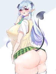 1girls aroused big_ass big_breasts blue_hair blush clothed clothing erect_nipples erection female female_only happy heart-shaped_pupils horns indie_virtual_youtuber licking_lips light-skinned_female light_skin looking_at_viewer looking_back looking_back_at_viewer misoni_(fuuuuunhjan) nipple_bulge pink_eyes rakka_midari short_skirt skirt solo succubus succubus_horns symbol-shaped_pupils tail virtual_youtuber