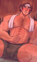 arm_hair beard_stubble big_pecs blush body_hair bulge chest_hair dilf face_paint flaccid hairy_male inuzuka_kiba leg_hair looking_at_viewer male male_only manspreading muscular_male muscular_thighs naruto naruto_(series) older_male ripped_clothing ripped_underwear sauna smiling smiling_at_viewer smirking_at_viewer solo towel_around_neck underwear underwear_only wolf_con_f