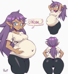 1girls ass belly big_ass big_belly big_breasts breasts bubble_butt cameltoe dark-skinned_female dark_skin dialogue earrings female long_purple_hair pregnant profit purple_hair purple_ponytail ready_to_pop shantae shantae_(character) text thick_thighs thigh_gap wide_hips