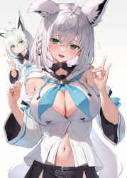 2023 2girls animal_ear_fluff animal_ears approval belly big_breasts braid cleavage clothed clothed_female clothing cosplay female green_eyes grey_hair hololive hololive_fantasy hololive_gamers hololive_gen_1 hololive_japan navel open_mouth shirakami_fubuki shirakami_fubuki_(cosplay) shirogane_noel silver_hair simple_background standing sweat sweatdrop virtual_youtuber watao white_background white_hair