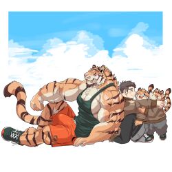 1:1 abs absurd_res anthro back_to_back big_bulge big_muscles big_pecs blush bottomwear brown_hair bulge chan_kiti_chan_(artist) clothing family father father_and_child father_and_son felid fur group hair hi_res human human_on_anthro interspecies larger_anthro larger_male lying male male/male mammal multicolored_body multicolored_fur muscular muscular_anthro muscular_male orange_body orange_fur pantherine parent parent_and_child pecs shirt shorts shows size_difference smaller_anthro smaller_human smaller_male son striped_body striped_fur stripes tank_top tiger topwear white_body white_fur