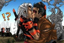 1boy 1girls arm_around_waist batman batman_(series) being_watched bruce_wayne closed_eyes dc dc_comics deathstroke embrace female hair_grab hand_in_hair hand_on_face hetero hugging jason_todd kissing making_out male male/female mask passionate passionate_kiss ravager_(dc) red_hood_(dc) romantic rose_wilson slade_wilson straight surprised_expression teen_titans white_hair