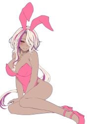 1girls big_breasts blonde_hair bunnysuit clothed clothing dark-skinned_female dark_skin fake_animal_ears fake_rabbit_ears female female_only hair_over_one_eye heels indie_virtual_youtuber red_eye senya_ichiya simple_background solo stgs_ssza virtual_youtuber white_background