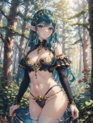 ai_generated barely_clothed blue_eyes cyan_hair elf female forest pointy_ears vegetation visible_underwear