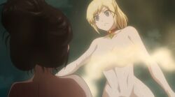 2023 2girls black_hair blonde_hair blue_eyes breasts female female_only hips large_breasts lidenfilms marguerite_farom multiple_girls nude official_art screencap tummy wet_skin wide_hips yuna_yunis yuusha_ga_shinda!