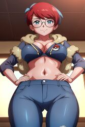 ai_generated blue_eyes blue_hair blue_jeans blush collarbone crop_top curvy facing_forward facing_viewer female female_only from_below glasses hands_on_hips hi_res highres hoodie indoors jeans looking_at_viewer navel penny_(pokemon) pokemon pokemon_sv red_hair seraphim_ai smile solo stable_diffusion