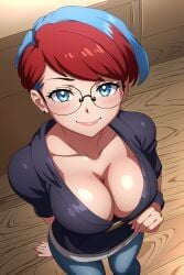 ai_generated big_breasts blue_eyes blue_hair blue_jeans blush busty cleavage closeup clothed collarbone curvy female female_only from_above glasses hi_res highres indoors jeans lips looking_at_viewer one_arm_behind_back penny_(pokemon) pokemon pokemon_sv red_hair seraphim_ai shirt smile solo stable_diffusion standing