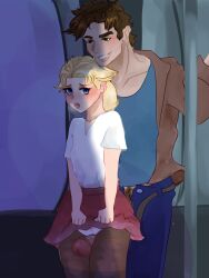 1boy 1boy1girl 1girls battle_tendency blonde_hair brown_hair female jojo's_bizarre_adventure joseph_joestar large_penis male penis penis_out straight suzi_q