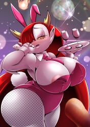 1girls areolae blush blushing bunny_ears bunny_tail bunnysuit cleavage cocco disney disney_channel disney_xd eyebrows eyelashes female female_only fishnets headband heart-shaped_pupils hekapoo horns looking_at_viewer massive_ass massive_breasts plate red_eyes solo solo_female solo_focus star_vs_the_forces_of_evil thick_thighs thighs white_body white_skin wide_hips yellow_sclera