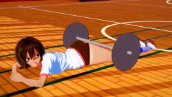 3d animated ass ass_focus azumanga_daiou barbell basketball_court brown_eyes brown_hair buruma dumbbell_challenge female female_only focus_on_ass giggle gym gym_uniform happy kagura_(azumanga_daiou) koikatsu lying lying_on_stomach no_sound shoes short_hair socks solo solo_female solo_focus tagme tanline video