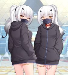 2girls black_hair black_shirt blunt_bangs blush collar cowboy_shot day discreet_vibrator exhibitionism fate/grand_order fate_(series) gradient_hair hands_in_pockets hidden hidden_bondage hidden_vibrator hood hood_down hooded_jacket huoji_(wonderturkey) jacket long_hair looking_at_viewer mask melusine_(fate) mouth_mask multicolored_hair multiple_girls no_pants orange_eyes outdoors ponytail public_indecency shirt sweat thighlet tokyo_big_sight vibrator_cord