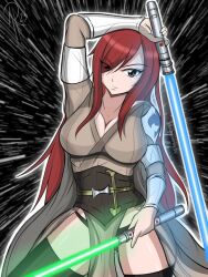 1girls adempskie big_breasts breasts brown_eyes erza_scarlet fairy_tail female female_focus female_only jedi lightsaber red_hair smile solo solo_focus star_wars tagme thick_thighs