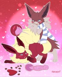 <3_eyes absurd_res blush candy canid canine chocolate clothing dessert duo eeveelution female feral flareon flat_colors fluffy fluffy_ears fluffy_tail food footwear generation_1_pokemon genitals heart hi_res holidays jolteon knot knotting male male/female male_on_top mammal nintendo on_top penetration pinsel_rhead pixelyteskunk pokemon pokemon_(species) pussy scarf sharp_teeth simple_background socks sparky_(gondrag) tail teeth vaginal_penetration vaginal_penetration valentine's_day white_clothing white_footwear white_socks xray_view