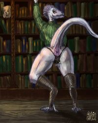 1girls 2023 2d anal_access anal_only anthro backless_outfit dinosaur faustawk kneehighs library looking_at_viewer looking_back nacrea_(faustawk) pale_skin panties puffy_anus purple_scales scalie self_upload standing sweater toeless_socks yellow_eyes