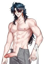 1boy abs bandages blade_(honkai:_star_rail) honkai:_star_rail honkai_(series) long_hair_male male male_only nipples pants_open rourouki shirtless smile solo_male veiny_arms