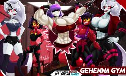 3girls abs advertisement anthro before_and_after biceps big_breasts black_hair breasts brienne_(marorin) busty canine caption cleavage clothing demon demon_girl dumbbell female female_only flexing gym hellhound helluva_boss horns huge_breasts imp large_breasts loona_(helluva_boss) millie_(helluva_boss) mrmelted muscular_female pose posing sweat thick_thighs thunder_thighs weightlifting white_hair wide_hips