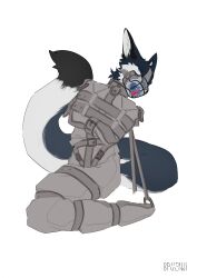 2022 anthro bassenji biped blue_eyes bondage bondage bound canid canine fox hi_res kneeling lock_symbol male mammal muzzle_(object) muzzled restraints simple_background solo straitjacket submissive submissive_anthro submissive_male white_background white_straitjacket