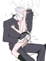 bandages black_hair black_socks blindfold blush cgsgzy closed_eyes cum fushiguro_megumi genderswap_(mtf) hand_on_butt head_thrown_back jujutsu_kaisen kissing_breasts open_fly panties panties_aside penis penis_on_pussy rule_63 satoru_gojo size_difference skirt skirt_lift socks straight white_background white_hair white_panties