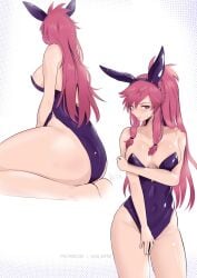 1girls alternate_costume animal_ears arm_under_breasts ass bare_shoulders breasts bunny_ears bunny_girl bunnysuit covered_navel covering embarrassed fake_animal_ears female female_only fire_emblem fire_emblem:_the_sacred_stones groin hand_on_own_arm highres large_ass large_breasts leotard long_hair marisa_(fire_emblem) multiple_views nintendo pink_eyes pink_hair playboy_bunny ponytail purple_leotard rabbit_ears strapless strapless_leotard thighs vialnite