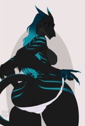 4_fingers arm_tuft ass black_body black_fur blue_body blue_fur breasts clothing covering_one_nipple elbow_tuft female fingers fur hi_res humanoid lips looking_at_viewer looking_back markings missy_(artist) nipples sergal solo striped_markings stripes thong tuft underwear