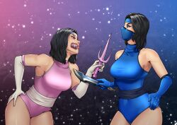 2girls big_thighs black_hair blue_clothing blue_eyes breasts edenian fan fangs female female_only fully_clothed gloves kitana klassic_kitana klassic_mileena leotard mask masked masked_female mileena mortal_kombat mortal_kombat_2 pink_clothing purple_clothing sai_(weapon) sharp_teeth sisters tarkatan thighs thotlerrr treartz voluptuous voluptuous_female weapon yellow_eyes