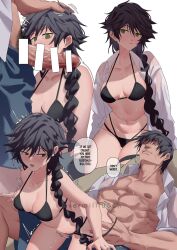 1boy 1girls ass_grab bikini black_bikini black_hair blush body_hair braid censor_bar censored clothed_sex color dilf father_and_daughter fushiguro_megumi genderswap_(mtf) green_eyes hand_on_head huge_penis incest jujutsu_kaisen kissing_penis long_hair medium_breasts muscular_male penis precum reverse_cowgirl_position rule_63 sex speech_bubble straight straight_sex sweat swimwear toji_fushiguro trembling veiny_penis vermilli000n white_background