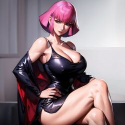 1girls ai_generated bob_cut crossed_legs esca_dynamo female female_focus female_only gundam haman_karn legs light-skinned_female light_skin lingerie looking_away magenta_hair mature_female muscular_legs nai_diffusion pink_hair purple_clothing purple_eyes sitting sitting_down sole_female stable_diffusion thighs zeta_gundam