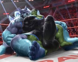 2021 4_toes 5_fingers 5_toes aldrich_(4giogio) anthro balls beard biceps big_balls big_penis blue_body blue_fur blue_slime canid canine canis chair_position claws crowd crystal_(object) detailed_background dominant dominant_male duo elaz english_text facial_hair feet fighting_ring finger_claws fingers from_behind_position fur gay genitals green_body group hand_behind_back hi_res horn huge_balls huge_cock humanoid hyper hyper_balls hyper_genitalia hyper_penis larger_male male male/male male_only mammal muscular muscular_anthro muscular_male neck_tuft nipples orc orc_male pawpads penis public_humiliation purple_body purple_fur restained sex sideburns size_difference smaller_male spikes submissive submissive_male takahirosi text toe_claws toes triceps tuft tusks wolf wrestling wrestling_singlet