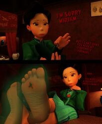 1girls 3d asian asian_female bananaboy4 barefoot beauty_mark black_hair dialogue disney feet female female_focus femdom foot_fetish giantess insole insole_slave macro male malesub mature_female milf ming_lee mother pixar size_difference smelly_feet text turning_red