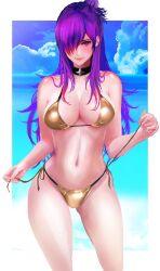 1girls alternate_costume beach bikini breasts choker female female_only fire_emblem fire_emblem:_three_houses fire_emblem_warriors:_three_hopes gold_bikini gold_swimsuit golden_bikini golden_week hair_over_one_eye kyel_hyde long_hair looking_at_viewer medium_breasts nintendo purple_eyes purple_hair shez_(female)_(fire_emblem) shez_(fire_emblem) solo swimsuit undressing yellow_bikini yellow_swimsuit