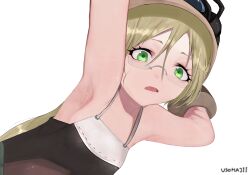 absurd_res apron armpit_fetish armpits arms_up blonde_hair dutch_angle facial_scar female female_only flat_chest glasses gloves green_eyes hands_behind_head hat headgear headwear hi_res leotard long_hair looking_at_viewer made_in_abyss open_mouth riko_(made_in_abyss) sideboob solo upper_body usohajii