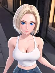 ai_generated android_18 bare_shoulders blonde_hair blue_eyes breasts brick_wall cleavage collarbone denim denim_skirt dragon_ball dragon_ball_z female habitgap jeans large_breasts lips looking_at_viewer midriff pants short_hair solo stable_diffusion street tank_top white_topwear