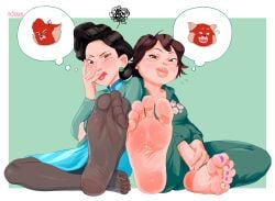 2girls asian asian_female barefoot black_hair brown_hair disney duo embarrassed feet female female_only foot_fetish foot_focus fully_clothed green_background lily_(turning_red) lily_lee mature_female milf ming_lee multiple_girls painted_toenails pantyhose pixar purple_nails purple_toenails sitting_on_ground soles staerk tagme turning_red white_background