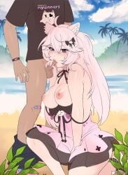 1boy 1girls anon areolae beach blowjob breasts breasts_out desert_island dress_down fellatio frills hetero indie_virtual_youtuber lordaethelstan nail_polish nipples nyatasha_nyanners oral oral_sex pants_down pilitann pink_cat pink_hair pink_nails ribbon ribbon_in_hair small_penis straight sucking_penis virtual_youtuber vtuber vtuberfanart