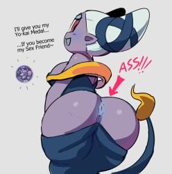 1girls anus arrow_(symbol) big_ass fuumin ghost_tail insomni level-5 looking_at_viewer medium_breasts noill presenting_hindquarters purple_skin talking_to_viewer yo-kai_watch youkai youkai_watch yōkai