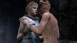 2girls 3d 3dhentaihero blonde_hair breasts clothed clothing detailed_background duo faceless_female female female/female female_creature female_only hair heather_mason human interspecies light-skinned_female monster monster_girl nipples no_eyes nude nurse nurse_(silent_hill) open_mouth silent_hill silent_hill_3 silent_hill_homecoming smile thick_thighs veins yuri