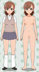 10s 1girls 2017 :) alternate_breast_size areolae bare_legs bare_shoulders barefoot breasts breasts_apart brown_eyes brown_hair brown_loafers brunette collarbone completely_nude completely_nude_female female full_body hair_flower hair_ornament hi_res kneehighs light_blush loafers looking_at_viewer loose_socks master-fate matching_hair/eyes medium_breasts miniskirt misaka_mikoto navel nipples nude nude_female pubic_hair pussy school_uniform schoolgirl short_hair skirt smile socks solo standing teenage_girl teenager to_aru_kagaku_no_railgun to_aru_majutsu_no_index toes tokiwadai_school_uniform white_socks young