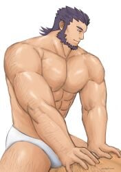 1boy bara beard bulge live-a-hero male_only massage muscular_male rongjie_mini underwear white_underwear