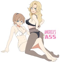 2girls black_lingerie blonde_hair blue_eyes bra brown_hair female female_only hand_on_butt lingerie looking_at_viewer original original_characters panties pantyhose undressing waniiii6974 white_lingerie yuri