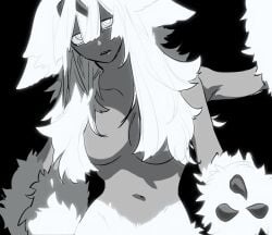 4_arms 68382837d aged_up animal_ears claws cleavage convenient_censoring dark-skinned_female dark_skin faputa female female_only fur hair_between_eyes hair_censor hair_covering_breasts long_hair made_in_abyss monochrome monster_girl multi_arm multi_limb narehate solo topless topless_female