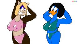 2girls ape avian big_breasts black_hair blonde_hair blue_bird blue_body blue_feathers brown_body brown_fur completely_naked completely_naked_female completely_nude completely_nude_female eyeliner kenmazu95 monkey_girl multiple_girls natalie_dorsey posing primate pussy see-through_clothing tina_scarlet