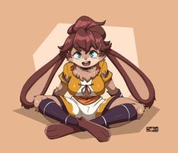 2023 3_toes accessory adorable anthro anthro_only barefoot big_breasts blue_eyes breasts brown_hair cheek_tuft crossed_legs cute cute_face facial_tuft feet female female_only hair hair_accessory hairclip hi_res joaoppereiraus lagomorph lepi lepi_(species) leporid long_ears looking_at_viewer lop_(star_wars) lop_(star_wars_visions) mammal neck_tuft open_mouth open_smile signature simple_background sitting smile solo solo_female star_wars star_wars_visions toes tuft